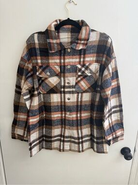 Plaid Utility Shacket Jacket in Brown, Cream & Navy